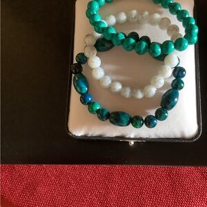 Green and White Beaded Stretch Bracelets - Set of 3 National stones